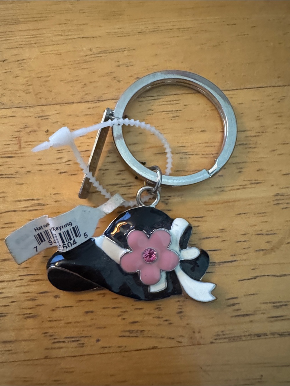 Black Hat Keyring with Pink Flower Charm